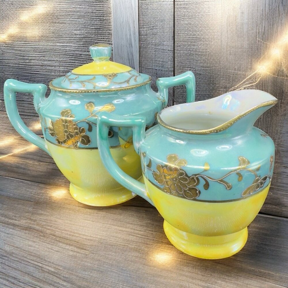 Japanese Fine Porcelain Lusterware Raised Paint Finish‎ Sugar Bowl And Creamer
